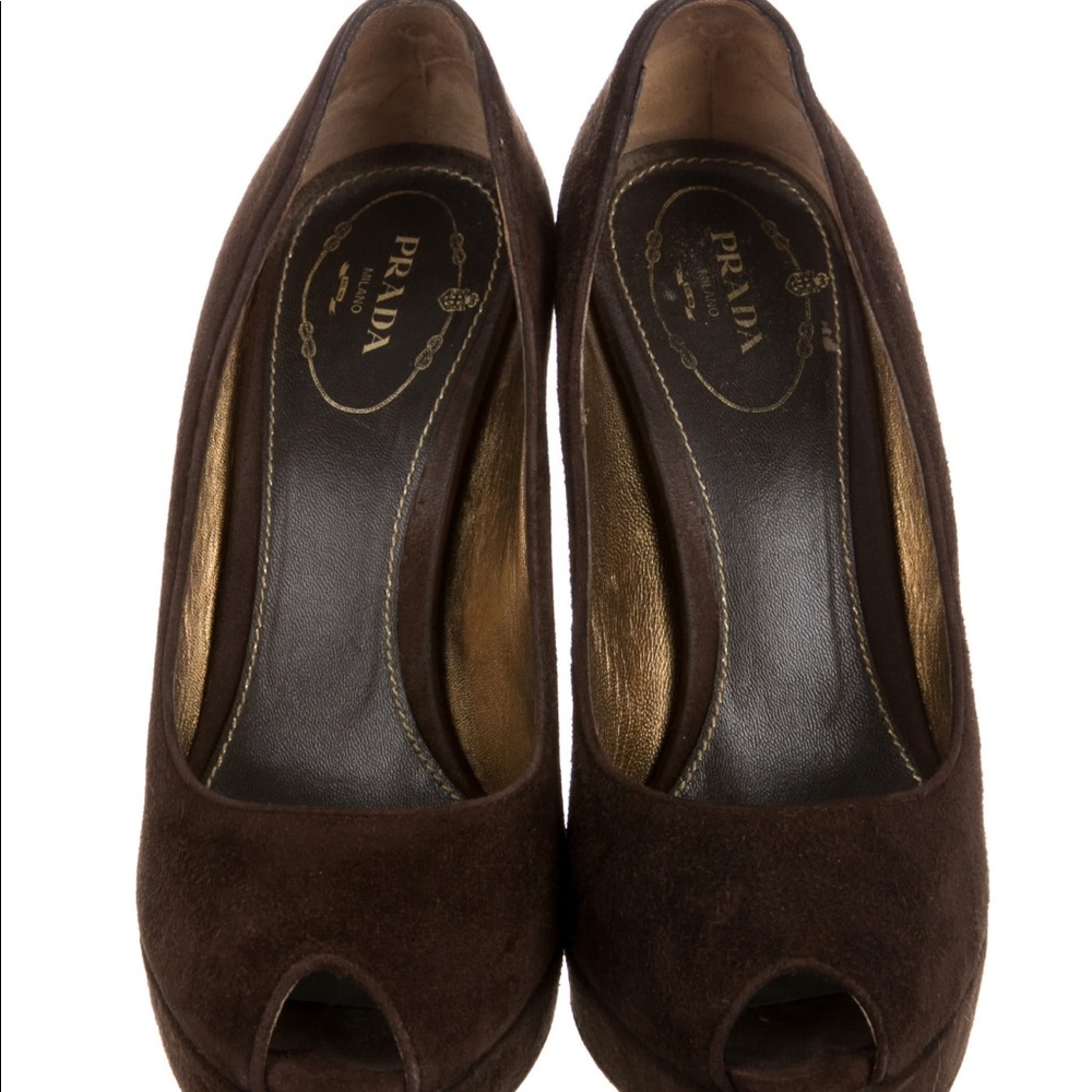 Prada peep toe brown suede platform heels
